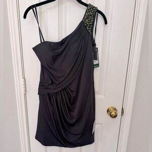 NWT La Femme Rhinestone-encrusted 1 Shoulder Asymmetric Neck Short Sheath Dress